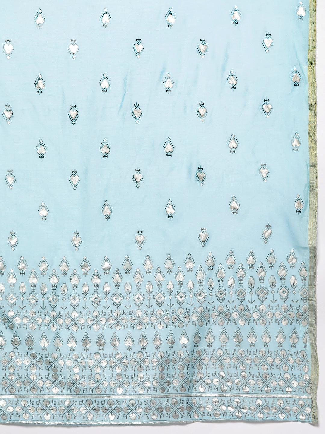 Blue Yoke Design Silk Blend Straight Kurta With Trousers & Dupatta - ShopLibas