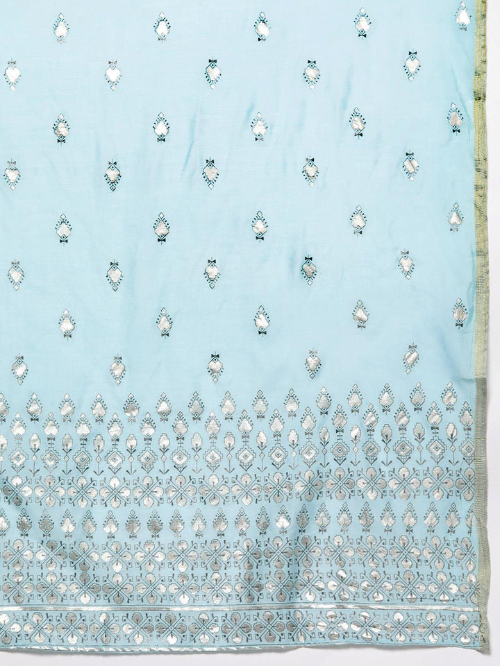 Blue Yoke Design Silk Blend Straight Kurta With Trousers & Dupatta - ShopLibas