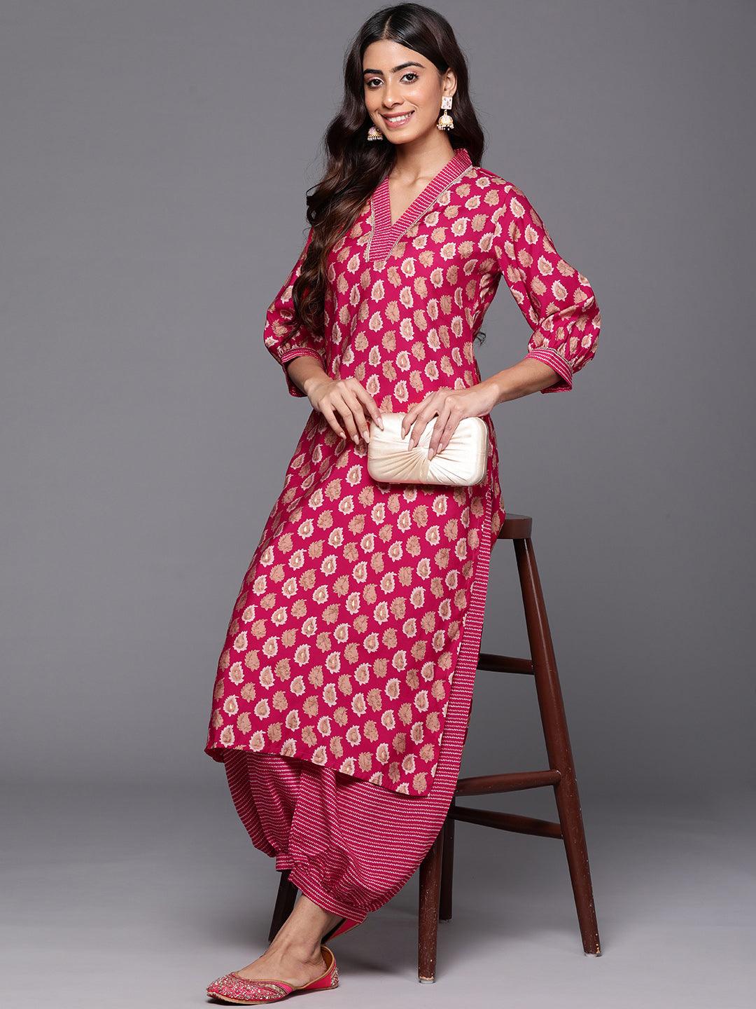 Pink Printed Silk Blend Straight Kurta With Salwar - ShopLibas