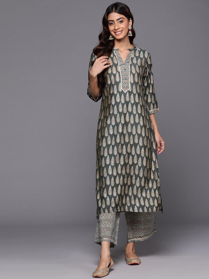 Olive Printed Silk Blend Straight Kurta With Palazzos - ShopLibas