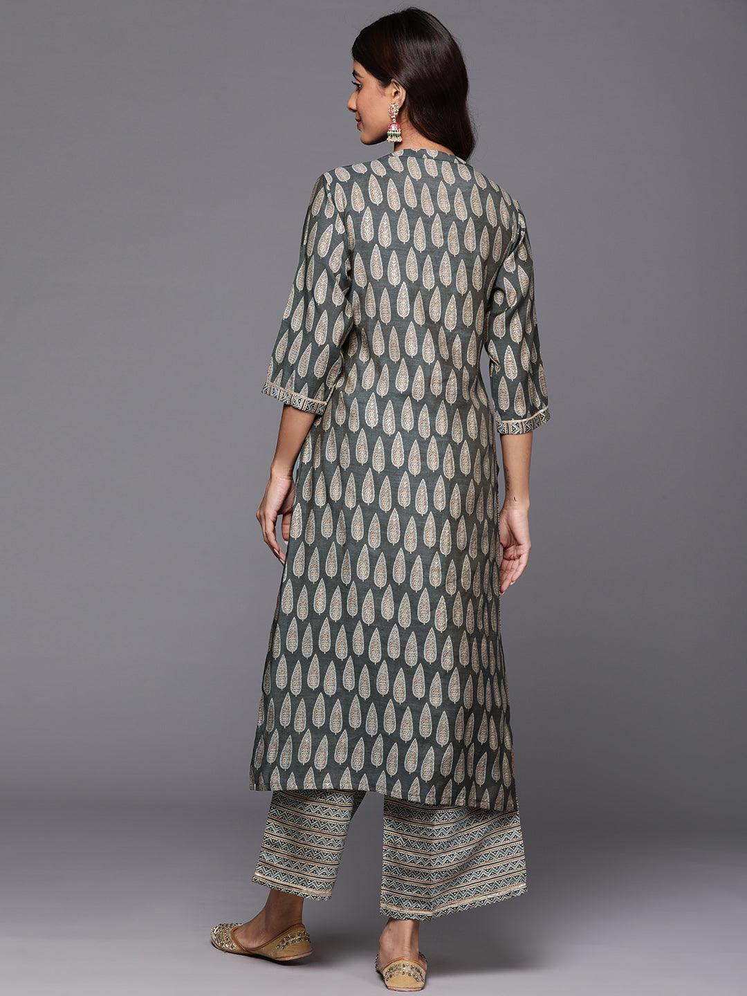Olive Printed Silk Blend Straight Kurta With Palazzos - ShopLibas