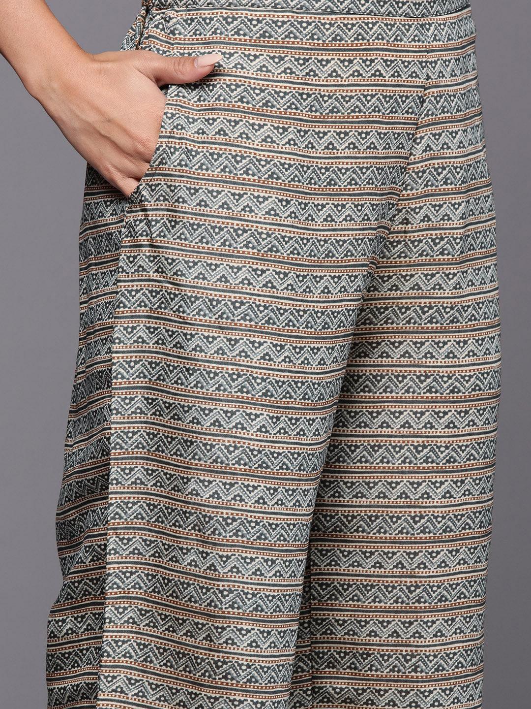 Olive Printed Silk Blend Straight Kurta With Palazzos - ShopLibas