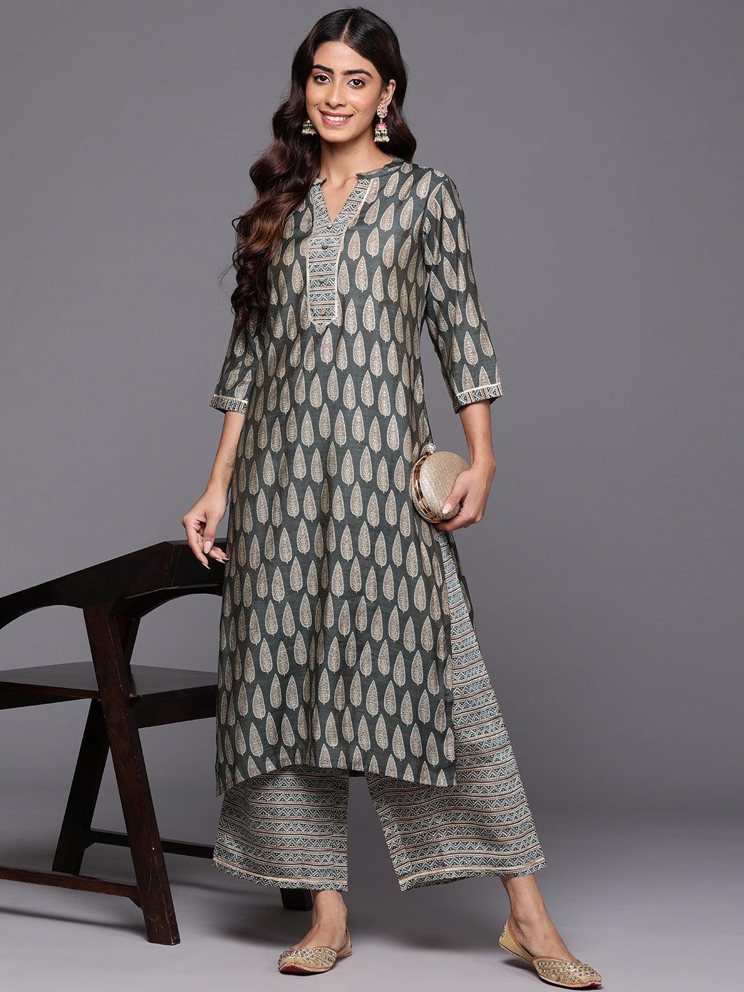 Olive Printed Silk Blend Straight Kurta With Palazzos - ShopLibas
