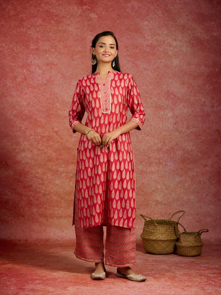Red Printed Silk Blend Straight Kurta With Palazzos - ShopLibas