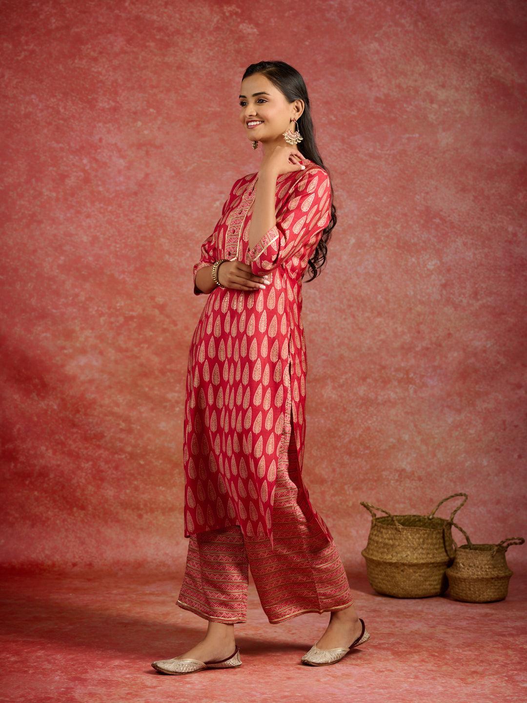 Red Printed Silk Blend Straight Kurta With Palazzos - ShopLibas