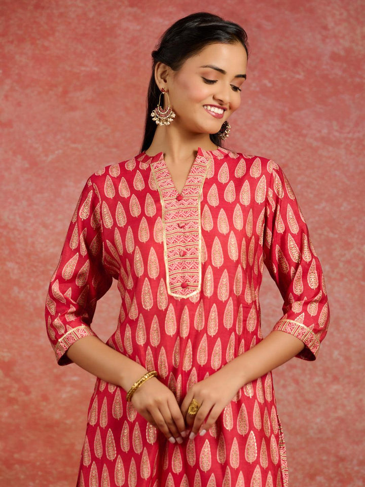 Red Printed Silk Blend Straight Kurta With Palazzos - ShopLibas