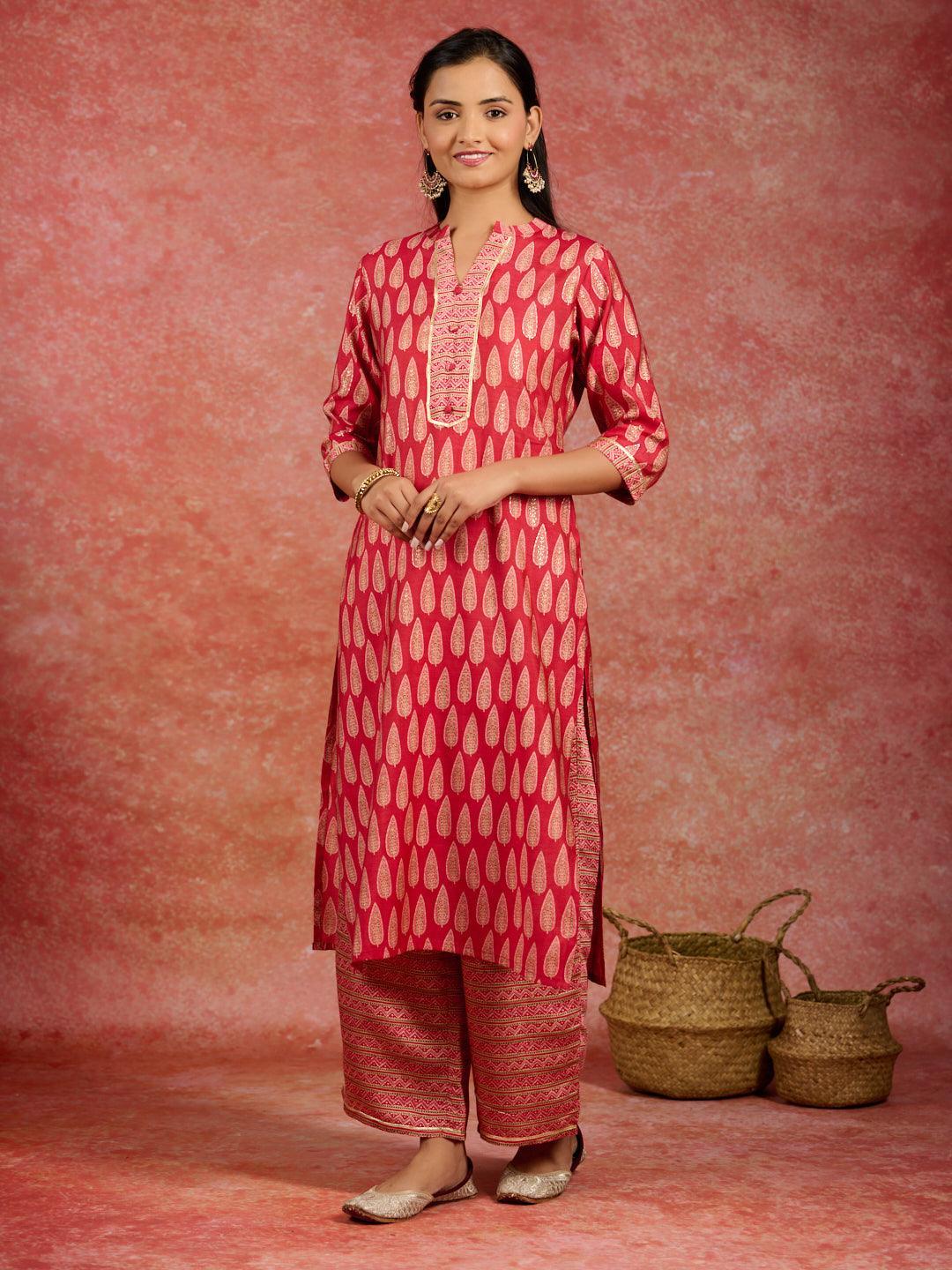 Red Printed Silk Blend Straight Kurta With Palazzos - ShopLibas