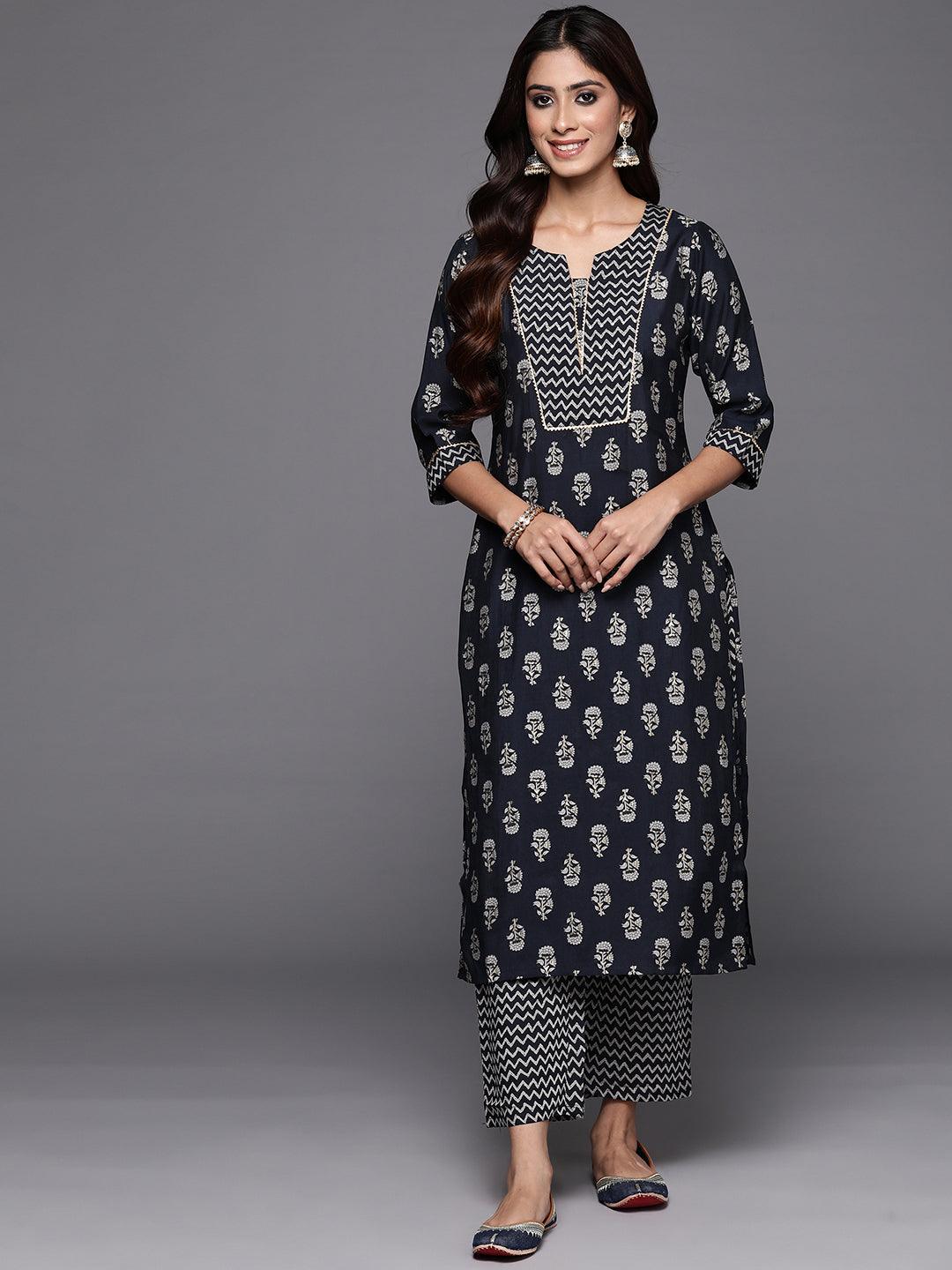 Blue Printed Silk Blend Straight Kurta With Trousers - ShopLibas