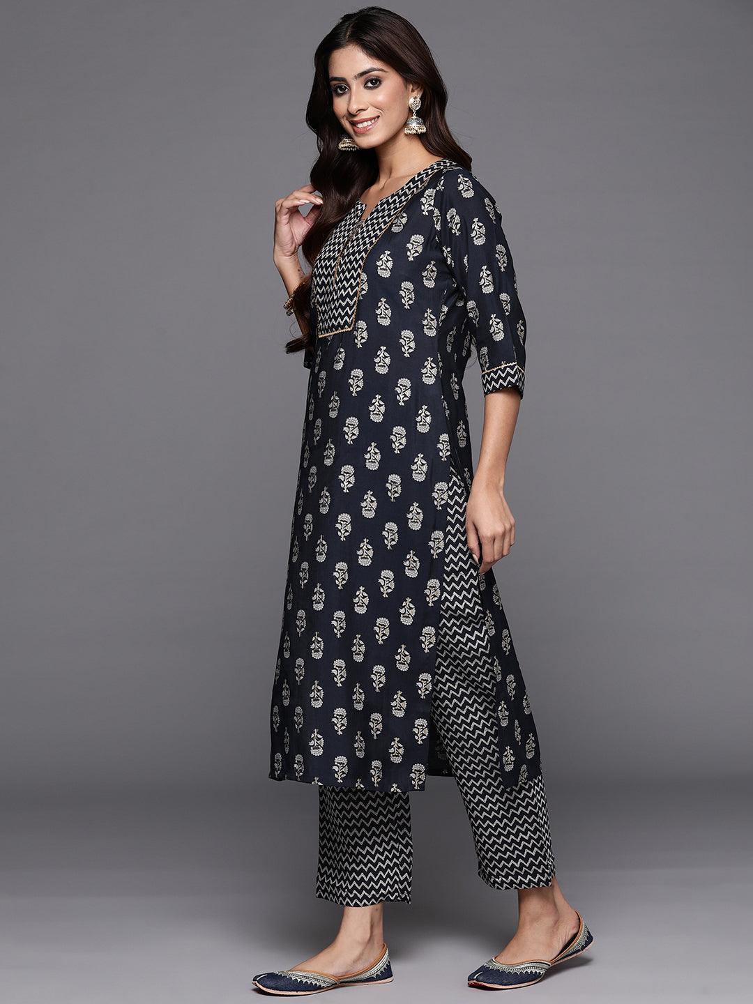 Blue Printed Silk Blend Straight Kurta With Trousers - ShopLibas