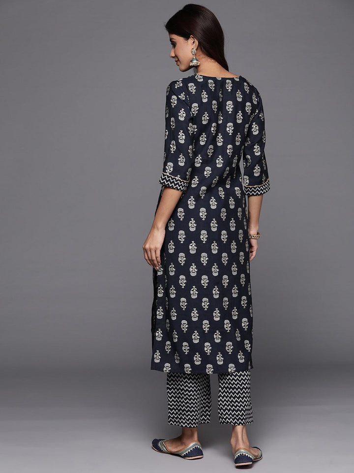 Blue Printed Silk Blend Straight Kurta With Trousers - ShopLibas