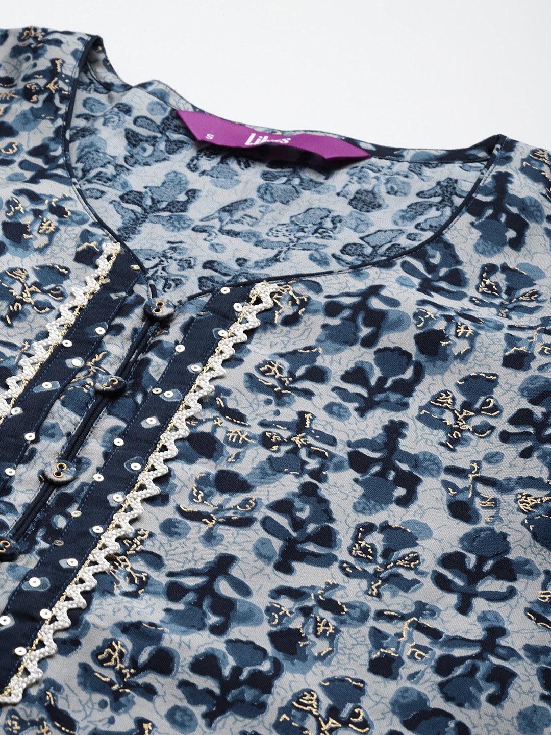 Blue Printed Silk Blend Straight Kurta With Palazzos - ShopLibas