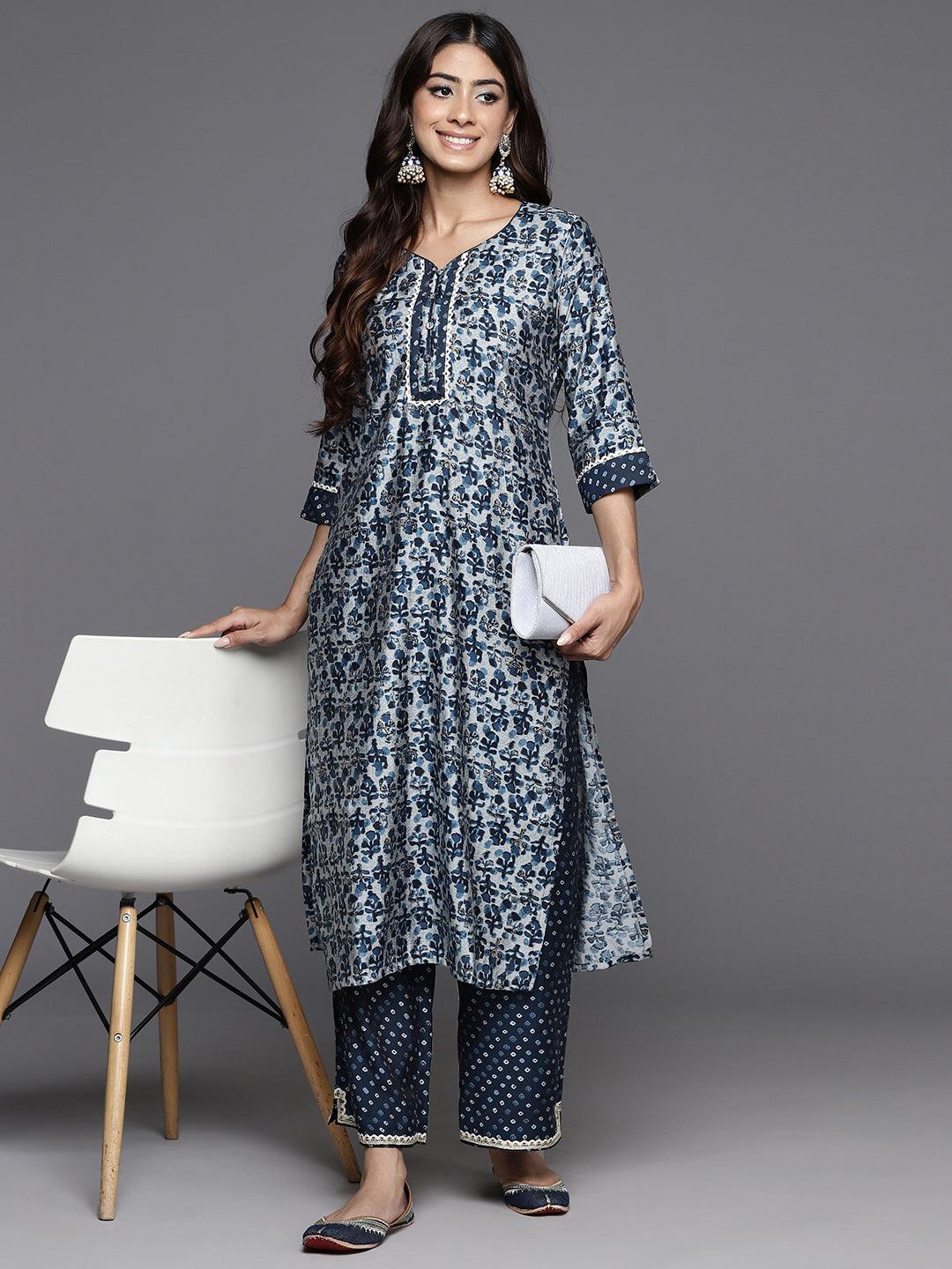 Blue Printed Silk Blend Straight Kurta With Palazzos - ShopLibas