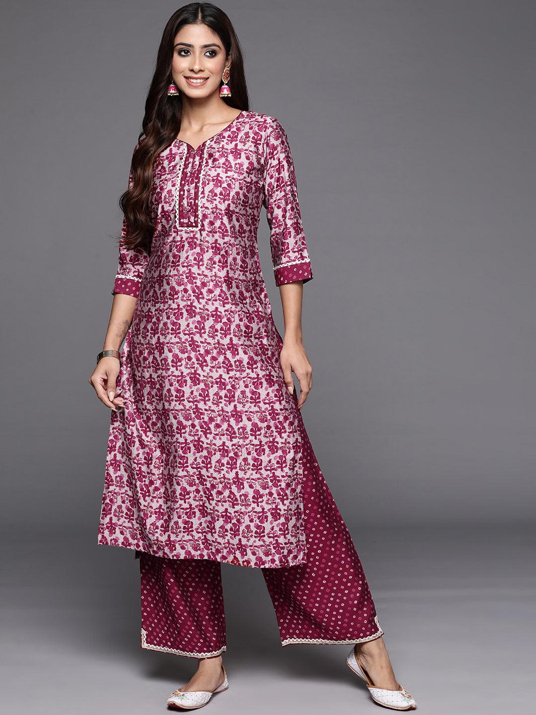 Maroon Printed Silk Blend Straight Kurta With Palazzos - ShopLibas 