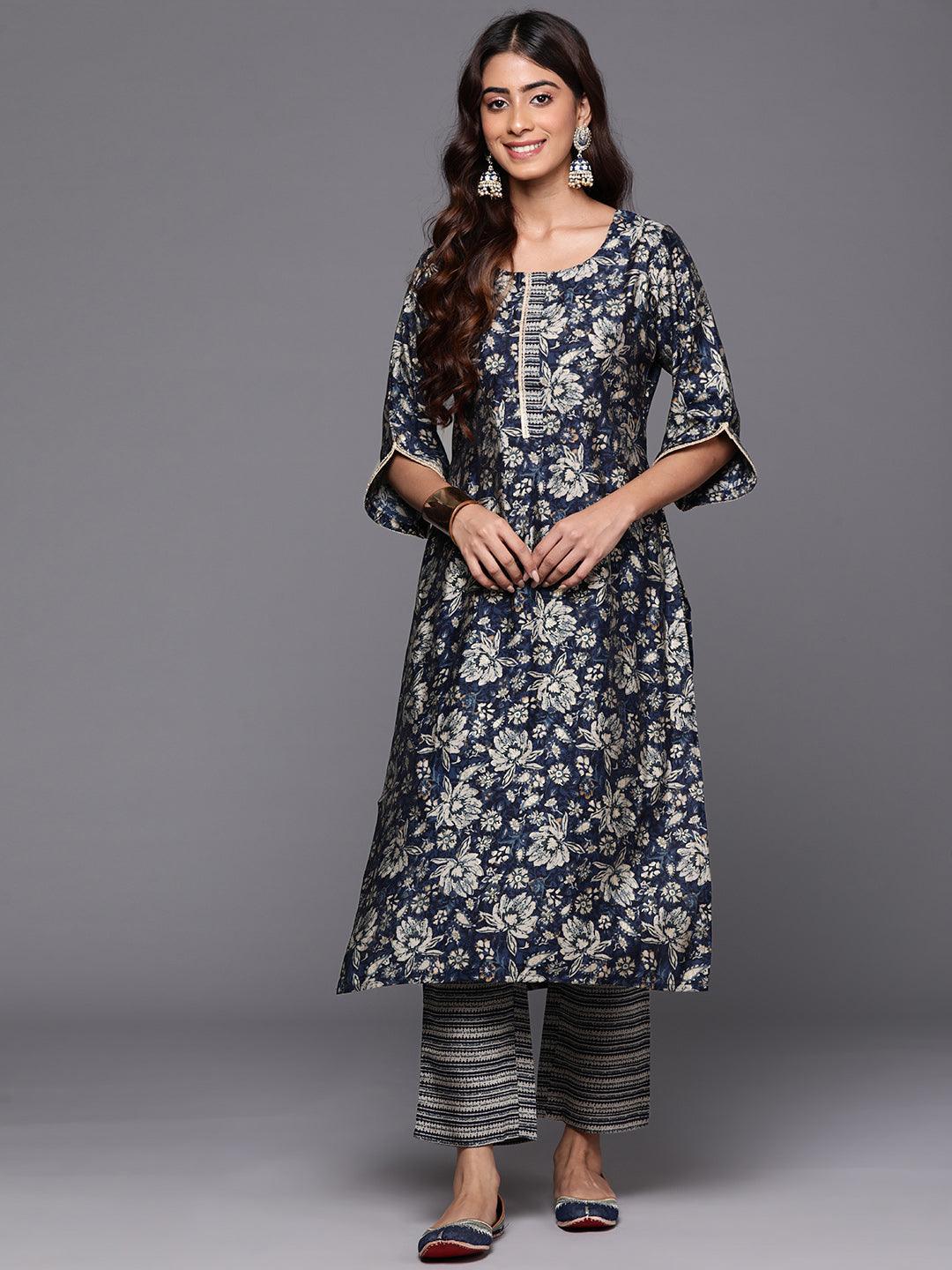 Blue Printed Silk Blend Straight Kurta With Trousers - ShopLibas