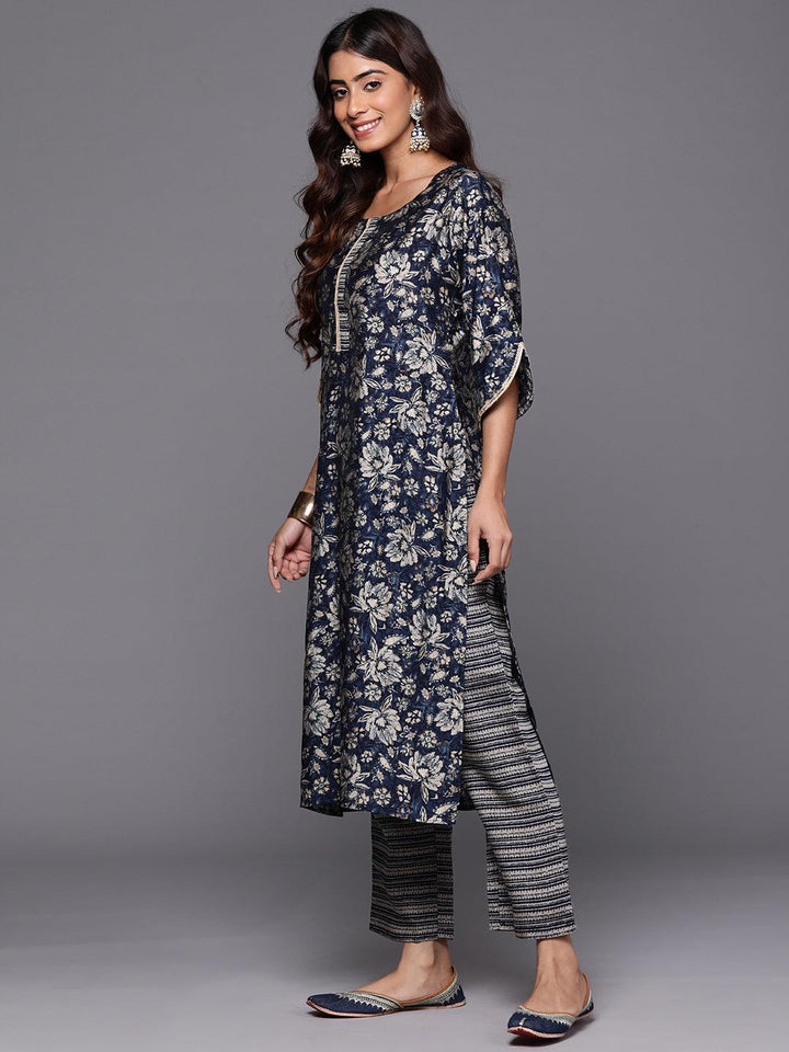 Blue Printed Silk Blend Straight Kurta With Trousers - ShopLibas