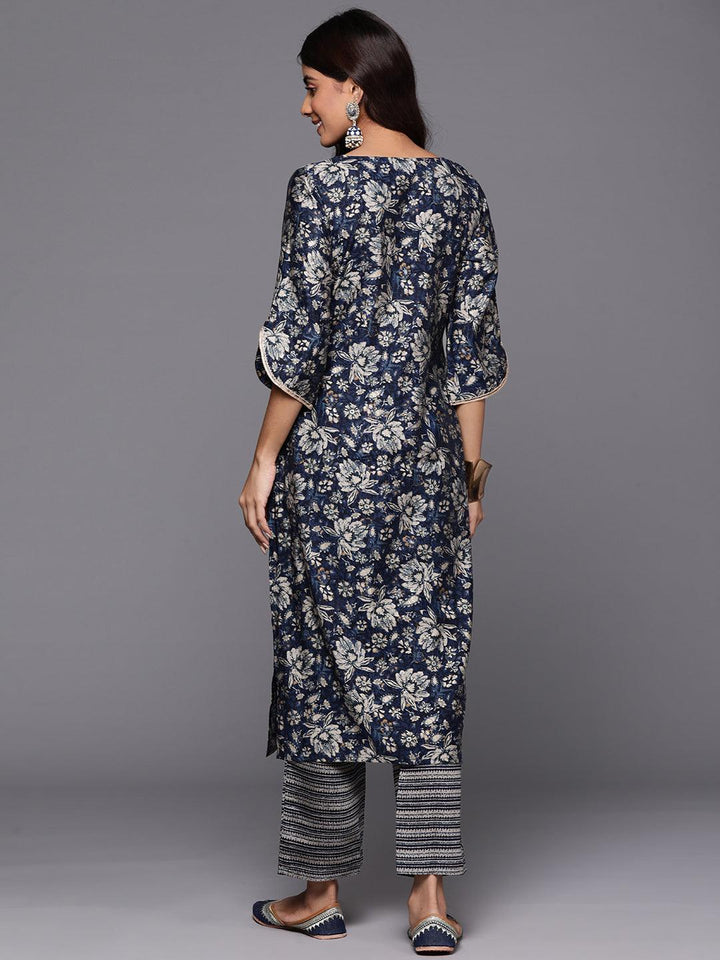 Blue Printed Silk Blend Straight Kurta With Trousers - ShopLibas