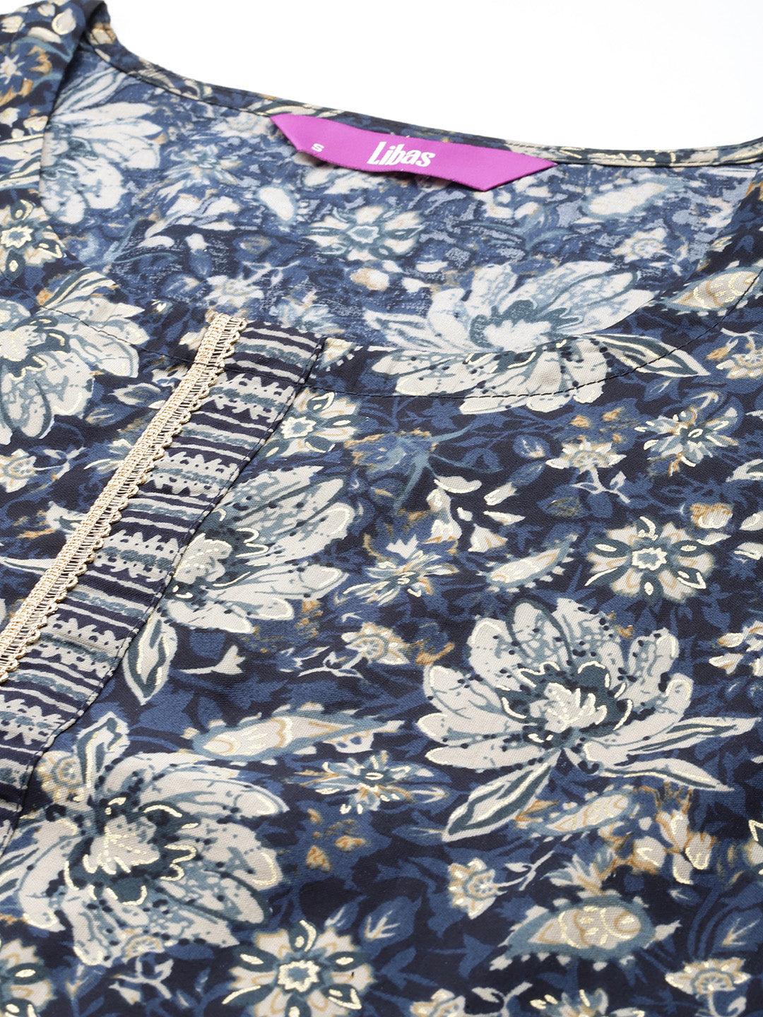 Blue Printed Silk Blend Straight Kurta With Trousers - ShopLibas