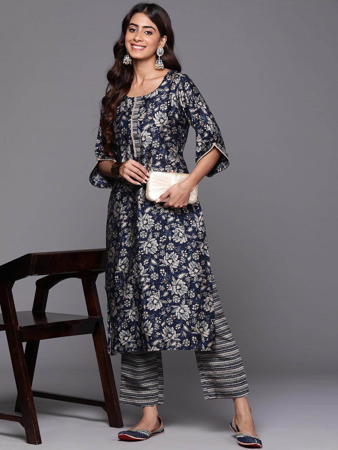 Blue Printed Silk Blend Straight Kurta With Trousers - ShopLibas