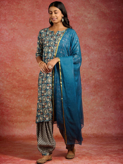 Blue Printed Silk Blend Straight Kurta With Salwar & Dupatta - ShopLibas