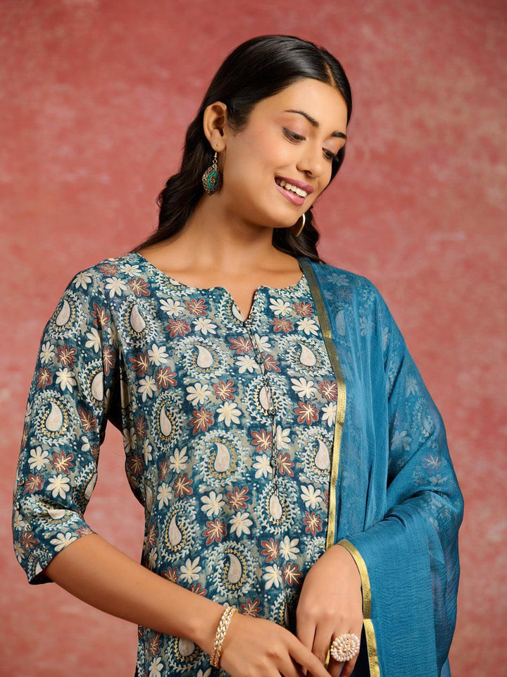 Blue Printed Silk Blend Straight Kurta With Salwar & Dupatta - ShopLibas