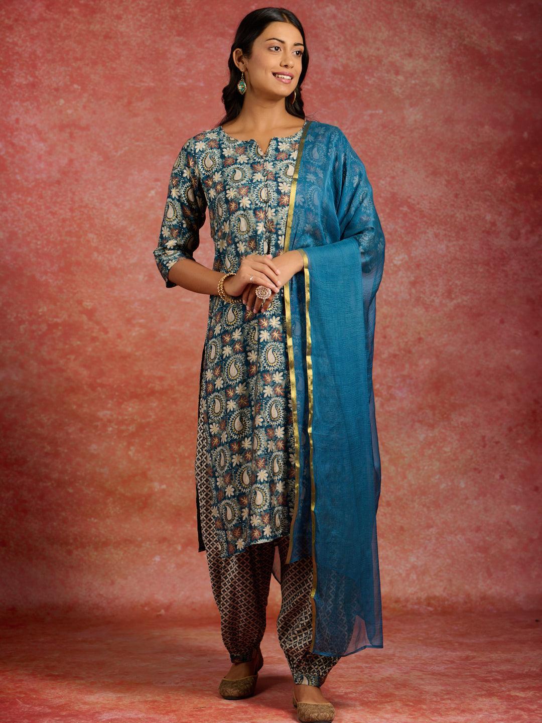 Blue Printed Silk Blend Straight Kurta With Salwar & Dupatta - ShopLibas
