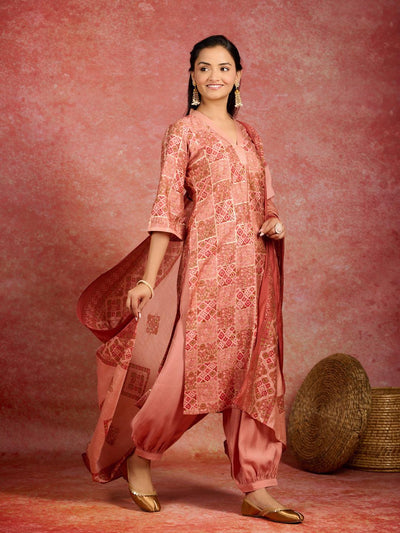 Peach Printed Silk Blend Straight Kurta With Salwar & Dupatta - ShopLibas