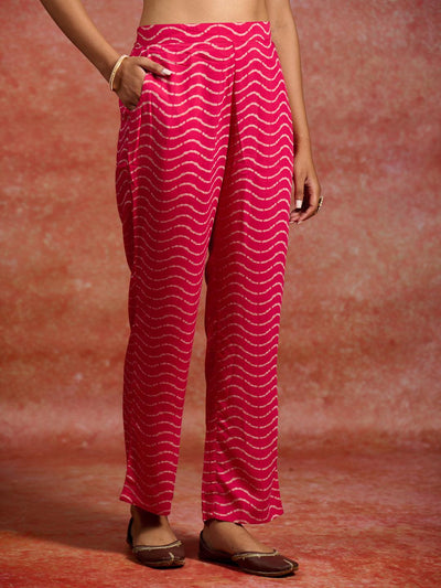 Pink Printed Silk Blend A-Line Kurta With Trousers & Dupatta - ShopLibas