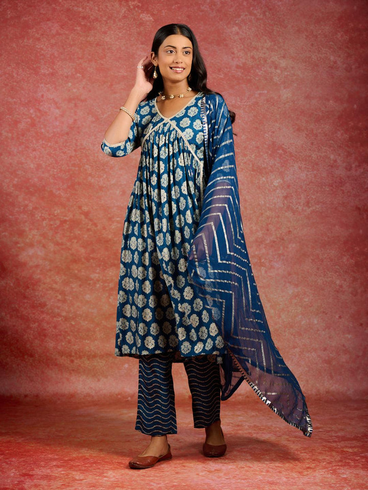 Blue Printed Silk Blend A-Line Kurta With Trousers & Dupatta - ShopLibas