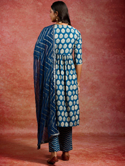 Blue Printed Silk Blend A-Line Kurta With Trousers & Dupatta - ShopLibas