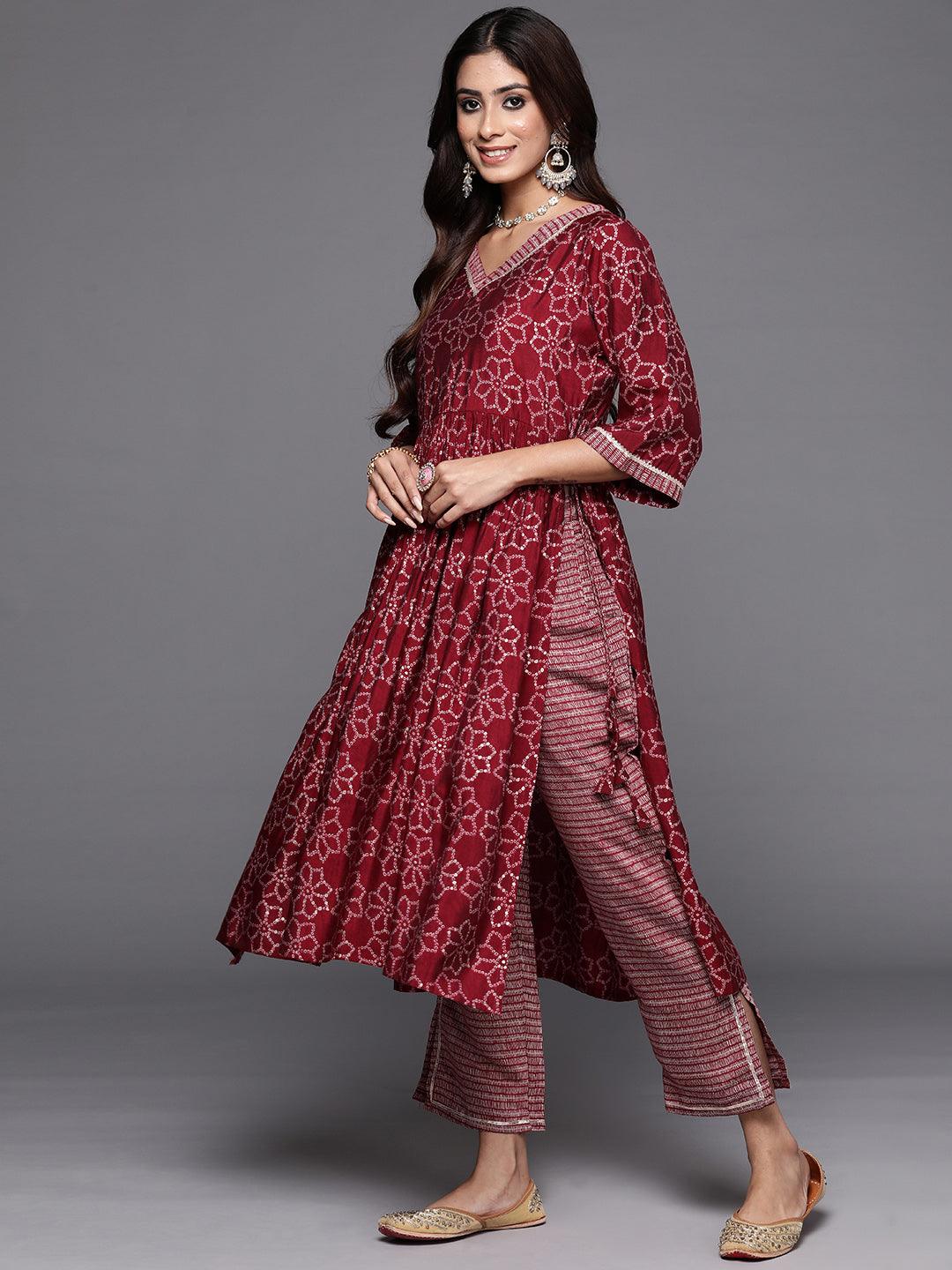 Maroon Printed Silk Blend A-Line Kurta With Trousers & Dupatta - ShopLibas 