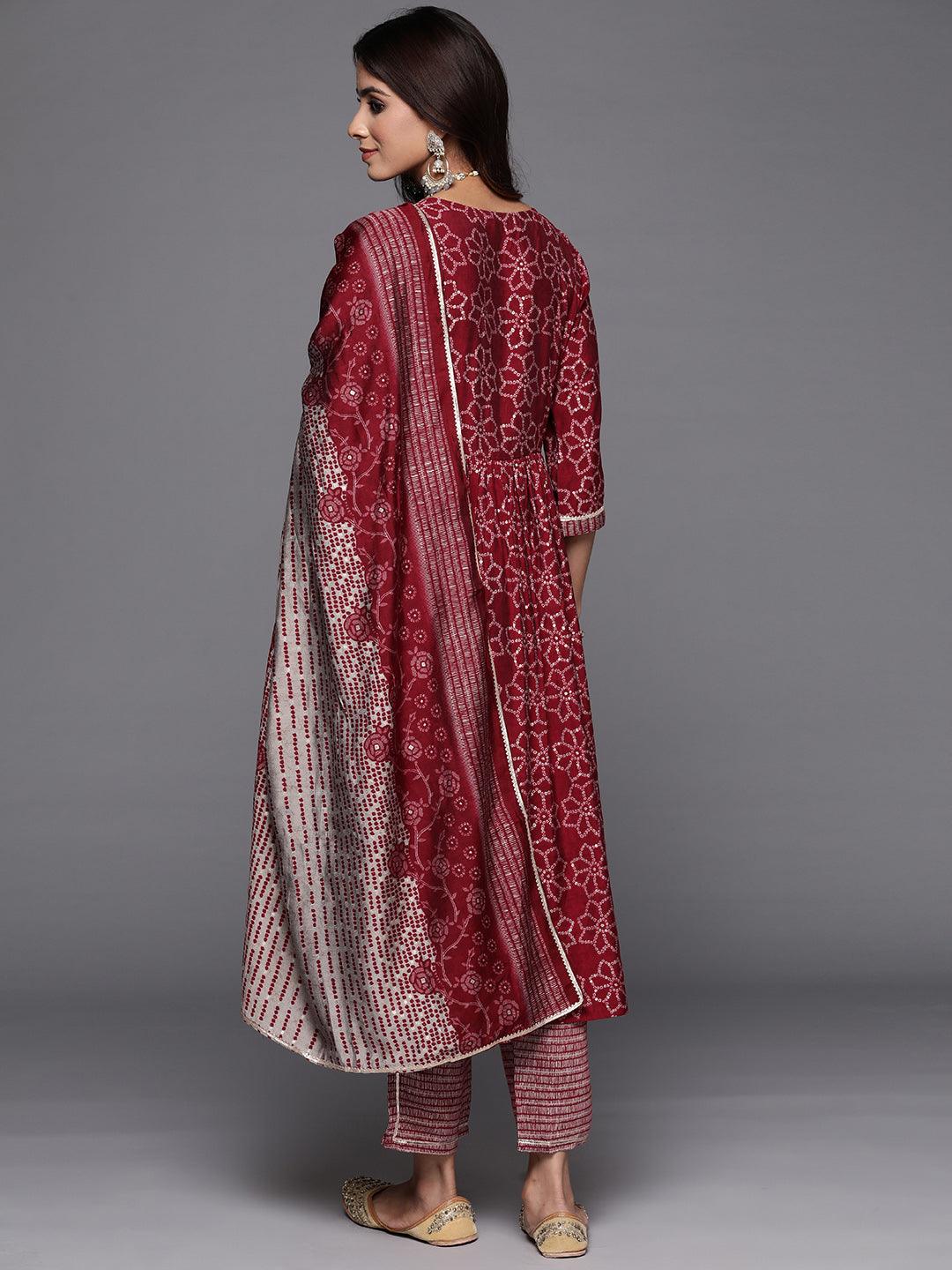 Maroon Printed Silk Blend A-Line Kurta With Trousers & Dupatta - ShopLibas 