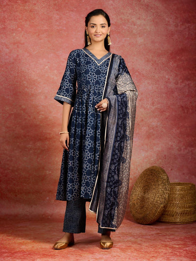 Blue Printed Silk Blend A-Line Kurta With Trousers & Dupatta - ShopLibas