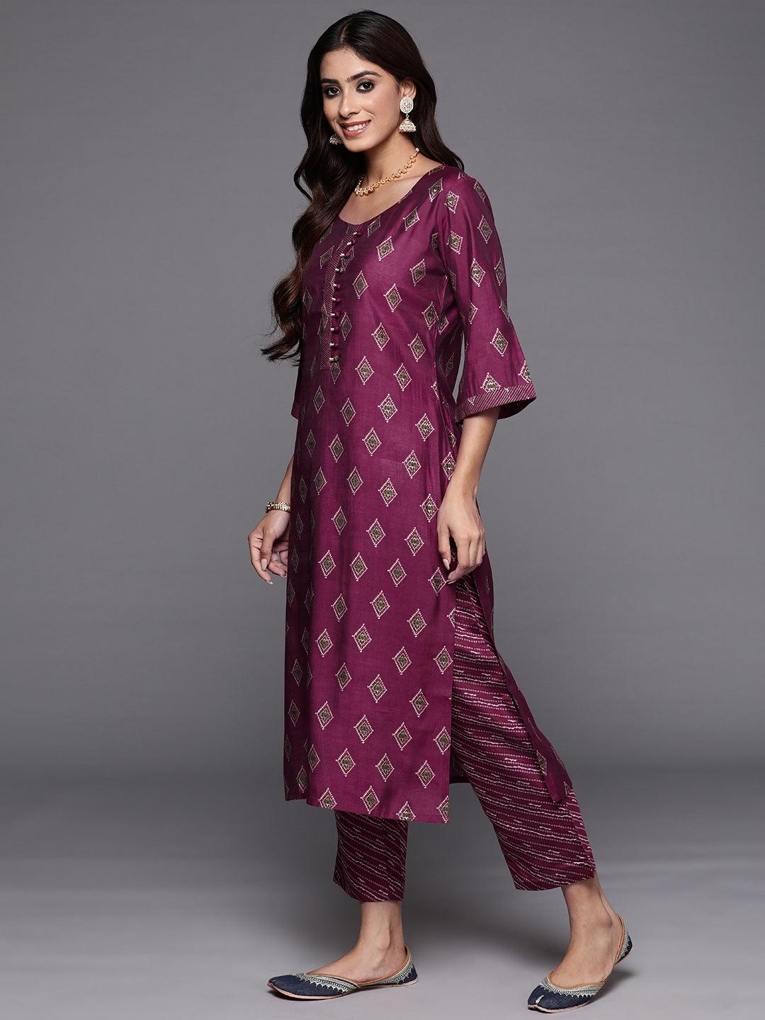 Wine Printed Silk Blend Straight Kurta With Trousers & Dupatta - ShopLibas