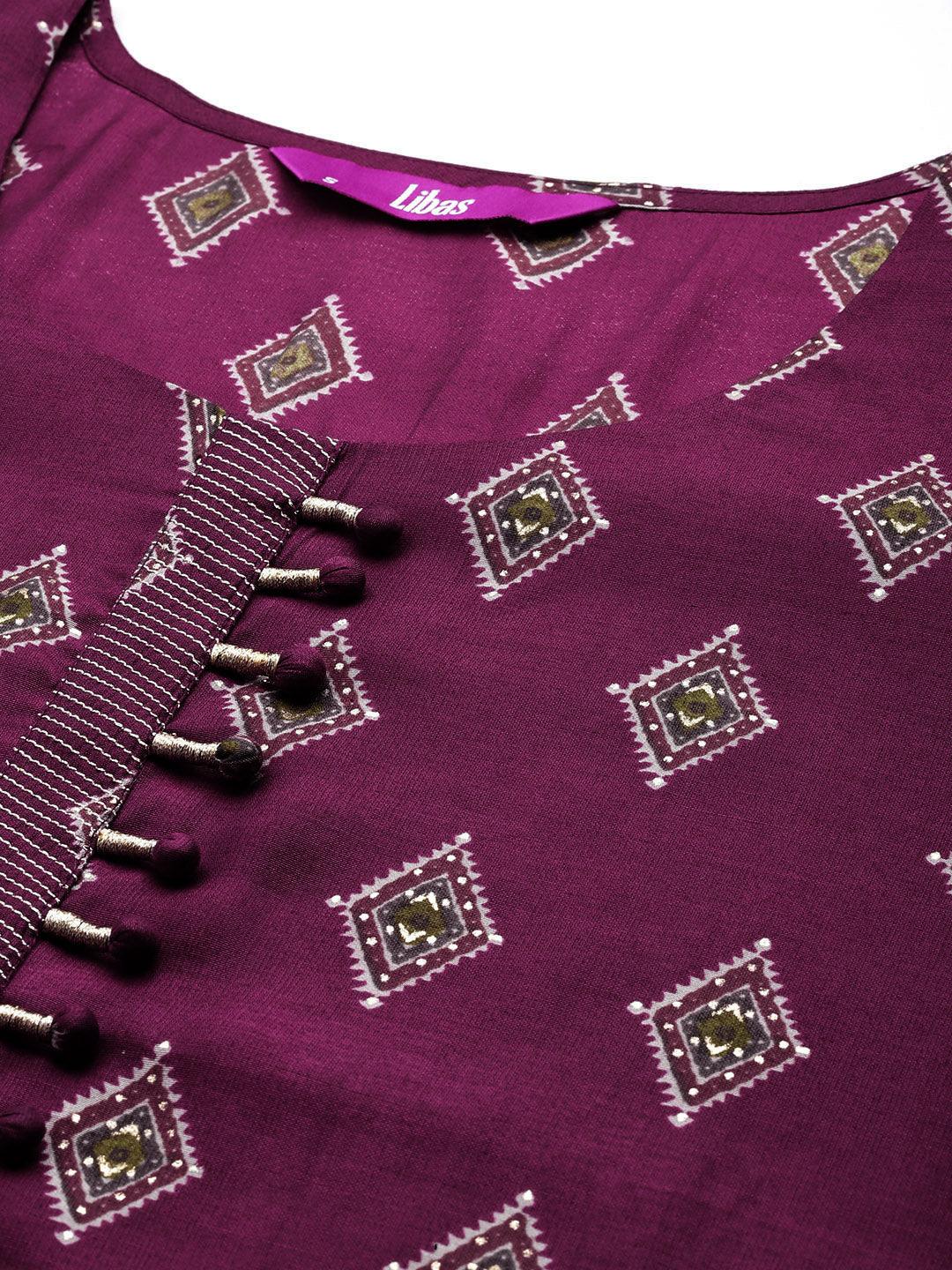 Wine Printed Silk Blend Straight Kurta With Trousers & Dupatta - ShopLibas