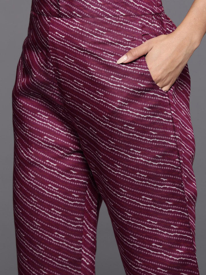 Wine Printed Silk Blend Straight Kurta With Trousers & Dupatta - ShopLibas