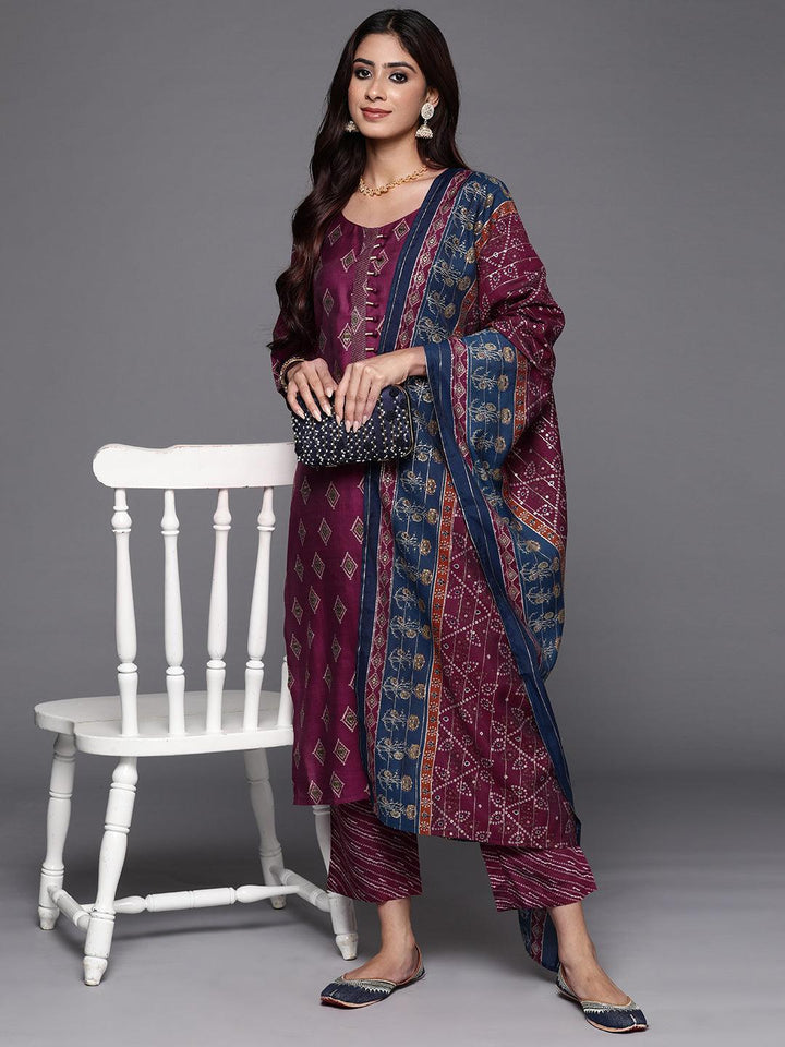 Wine Printed Silk Blend Straight Kurta With Trousers & Dupatta - ShopLibas