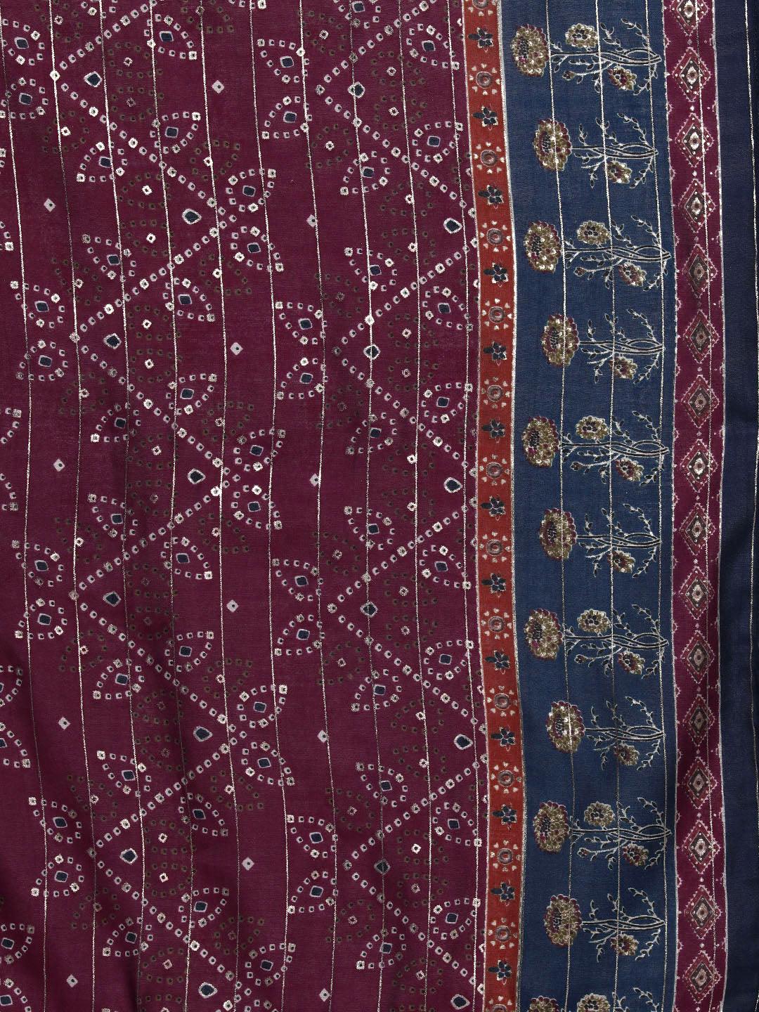 Wine Printed Silk Blend Straight Kurta With Trousers & Dupatta - ShopLibas