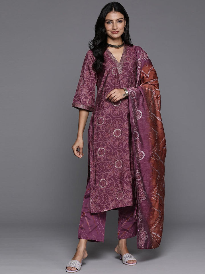 Mauve Printed Silk Blend Straight Suit With Dupatta