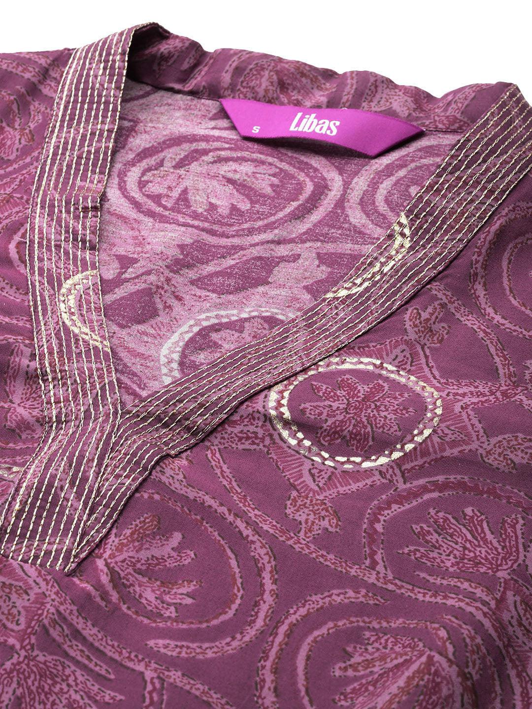Mauve Printed Silk Blend Straight Kurta With Trousers & Dupatta - ShopLibas 