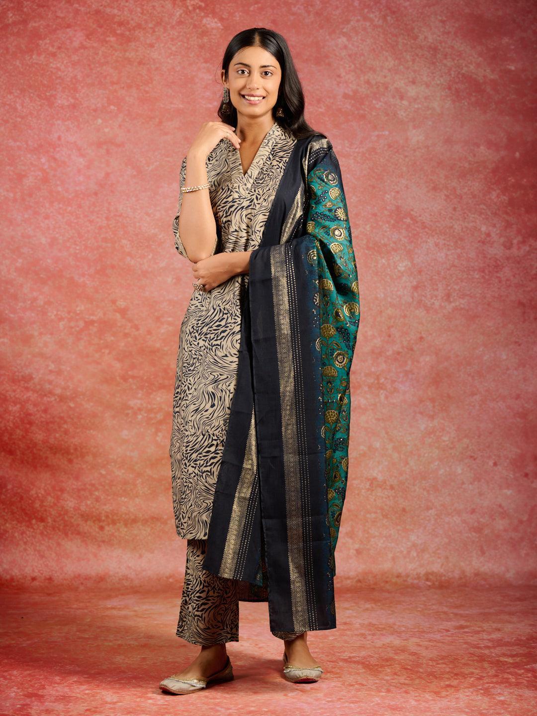 Blue Printed Silk Blend Straight Kurta With Trousers & Dupatta - ShopLibas