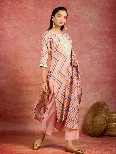Peach Printed Silk Blend Straight Kurta With Trousers & Dupatta - ShopLibas