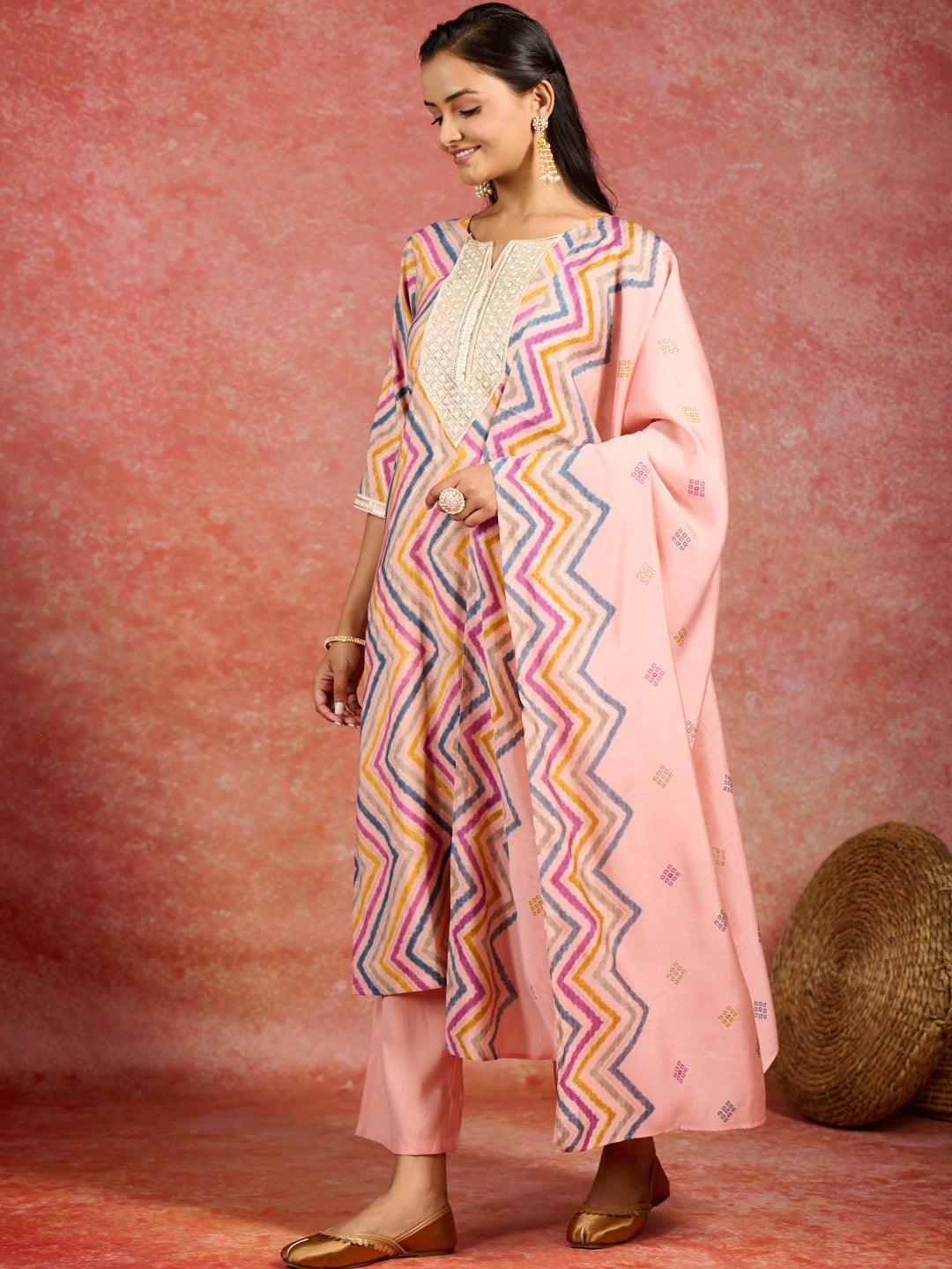Peach Printed Silk Blend Straight Kurta With Trousers & Dupatta - ShopLibas
