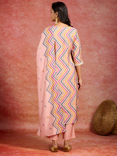 Peach Printed Silk Blend Straight Kurta With Trousers & Dupatta - ShopLibas