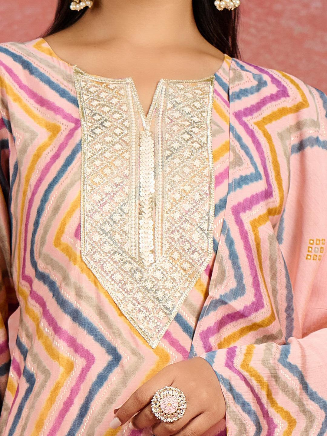 Peach Printed Silk Blend Straight Kurta With Trousers & Dupatta - ShopLibas