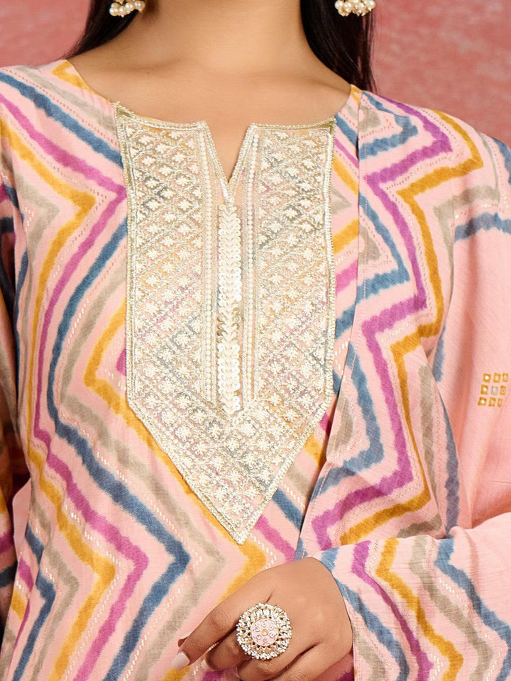 Peach Printed Silk Blend Straight Kurta With Trousers & Dupatta - ShopLibas