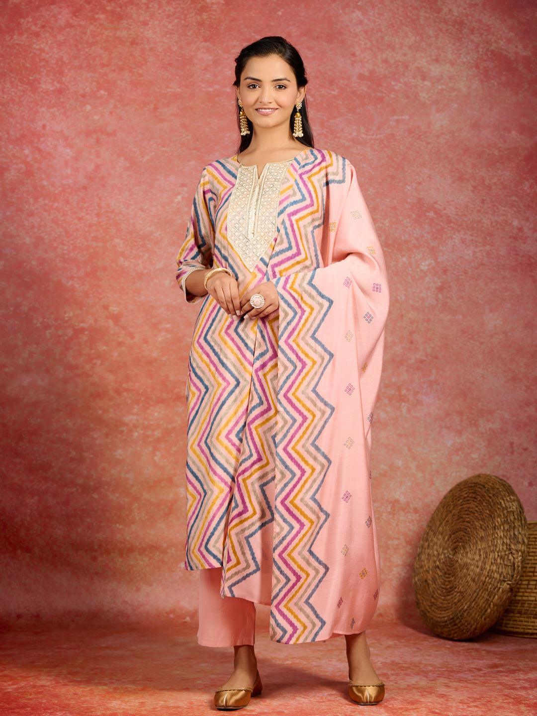 Peach Printed Silk Blend Straight Kurta With Trousers & Dupatta - ShopLibas