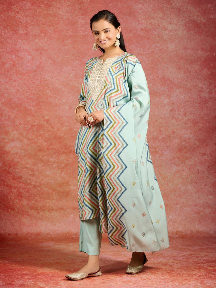 Blue Printed Silk Blend Straight Kurta With Trousers & Dupatta - ShopLibas