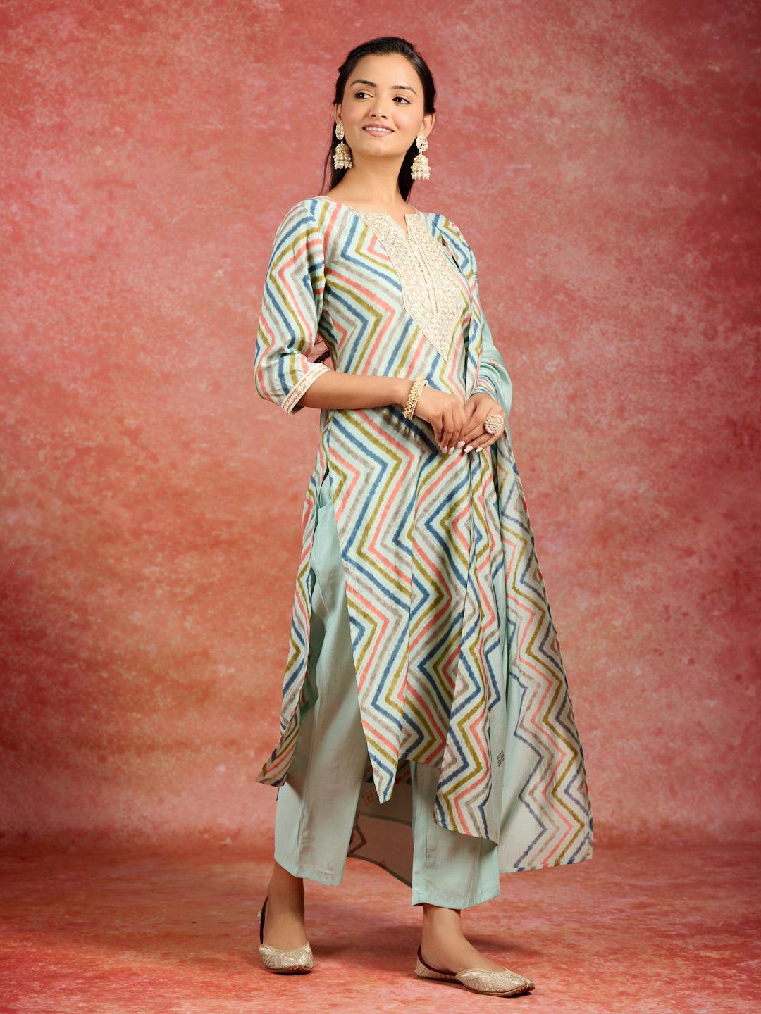 Blue Printed Silk Blend Straight Kurta With Trousers & Dupatta - ShopLibas