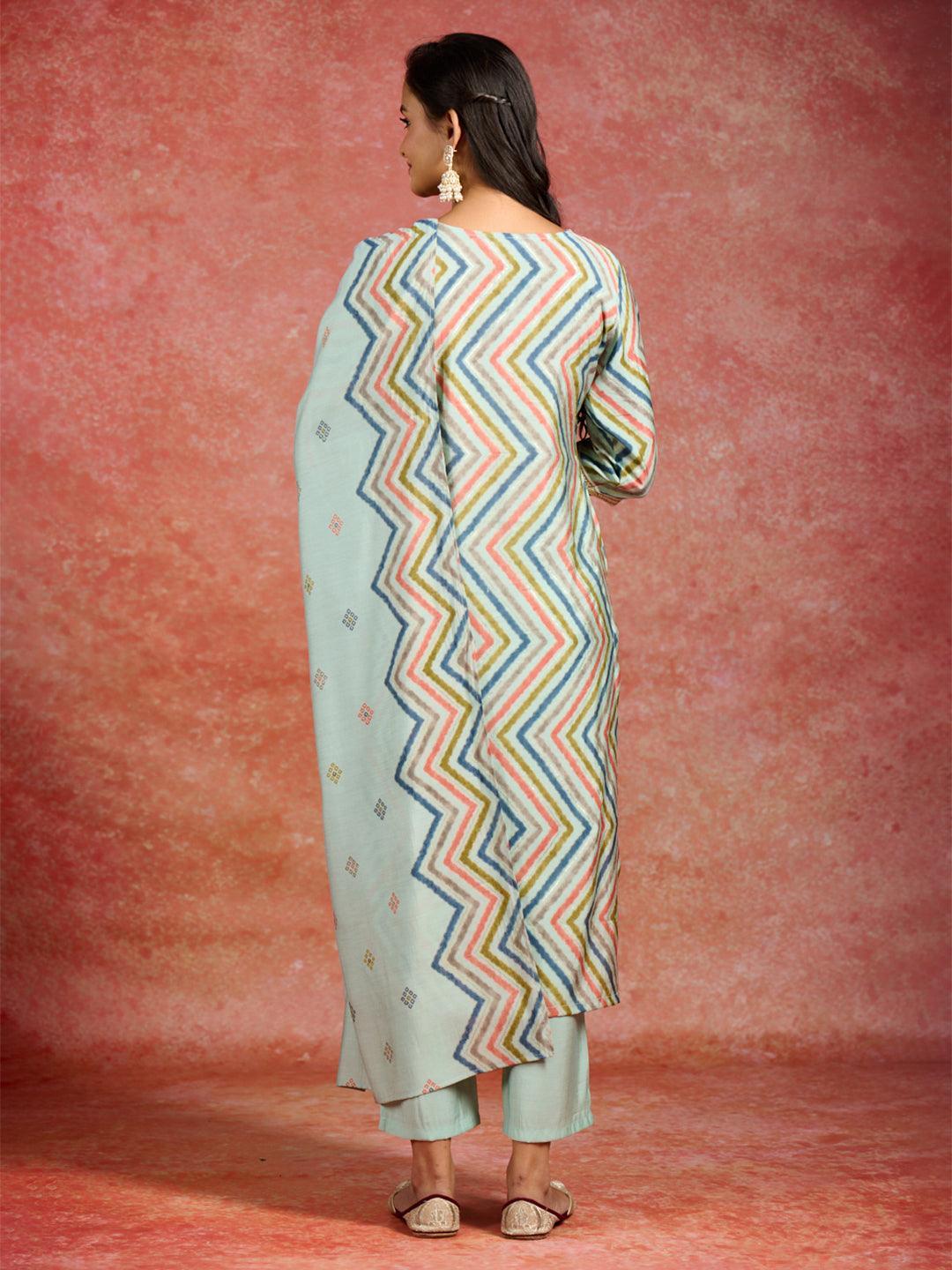Blue Printed Silk Blend Straight Kurta With Trousers & Dupatta - ShopLibas