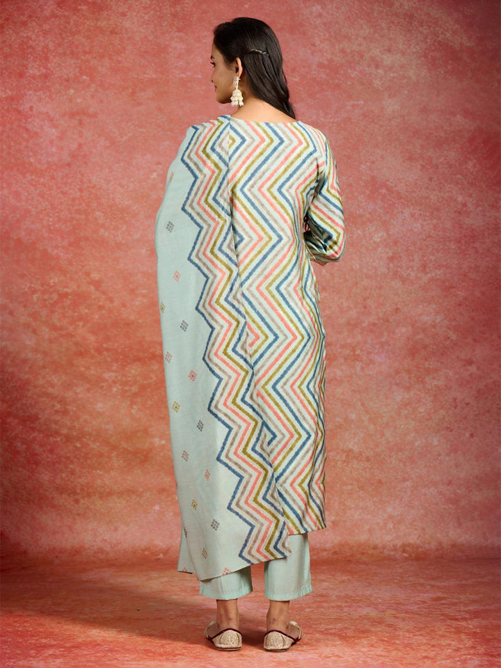 Blue Printed Silk Blend Straight Kurta With Trousers & Dupatta - ShopLibas